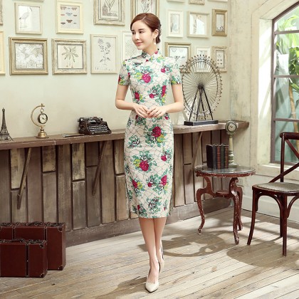 Floral Linen Midi Qipao 1128-52  Clearance No Return / No Exchange