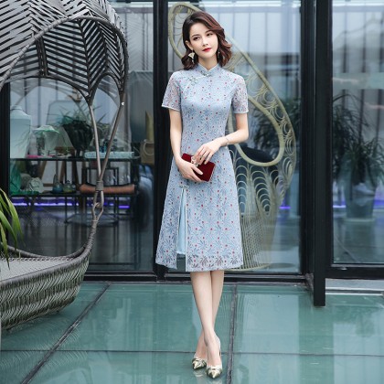 Ao Dai Style Blue Dot Lace Midi Cheongsam Dress 3030-70 蕾絲奧黛圓點藍中長旗袍裙