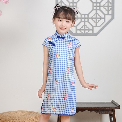Hangzhou Children Blue Plaid Faux Silk Qipao 15001-70