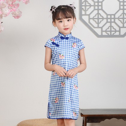 Hangzhou Children Blue Plaid Faux Silk Qipao 15001-70