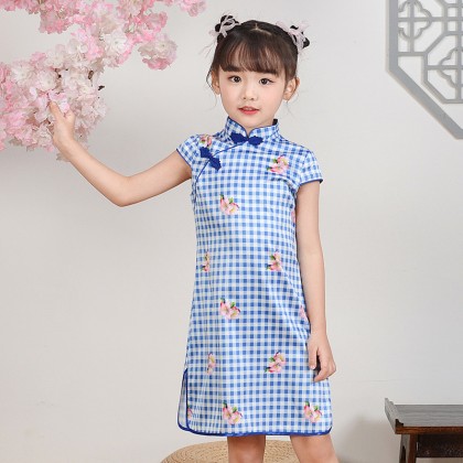 Hangzhou Children Blue Plaid Faux Silk Qipao 15001-70
