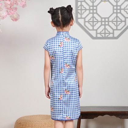 Hangzhou Children Blue Plaid Faux Silk Qipao 15001-70