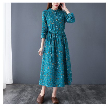 Floral Linen Turquoise Midi Swing K-Dress 3035-74