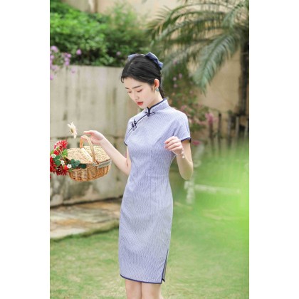 Hangzhou Purple Lace Plaid Cotton Short Qipao 2408-80 紫色花邊格子彈力棉短旗袍