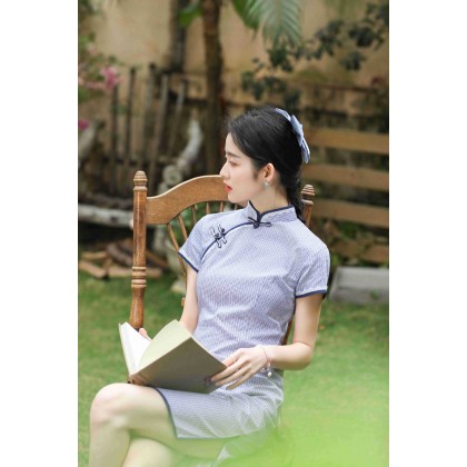 Hangzhou Purple Lace Plaid Cotton Short Qipao 2408-80 紫色花邊格子彈力棉短旗袍