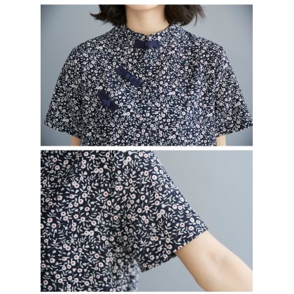 Vintage Dark Blue Floral Linen Midi Cheongsam Dress 3041-77 復古棉麻深藍碎花中旗袍大擺裙