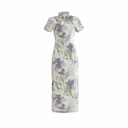  Polyester Satin Off White Vintage Maxi Cheongsam 1045-02
