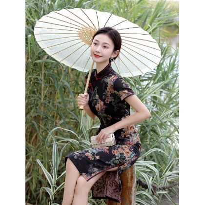 Vintage Fashionable Faux Silk Black Midi Cheongsam 1050-99 Vintage Fashionable Faux Silk Black Midi Cheongsam 1050-99