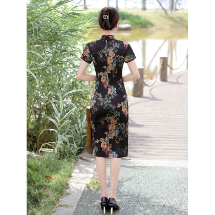 Vintage Fashionable Faux Silk Black Midi Cheongsam 1050-99