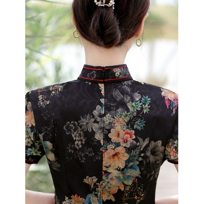 Vintage Fashionable Faux Silk Black Midi Cheongsam 1050-99