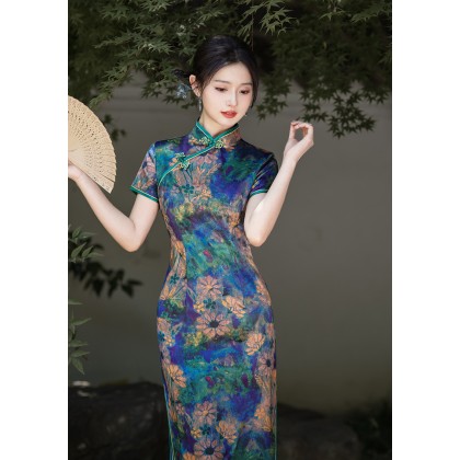 Elegant Polyester Satin Peacock Blue Print Maxi Cheongsam 1058-79